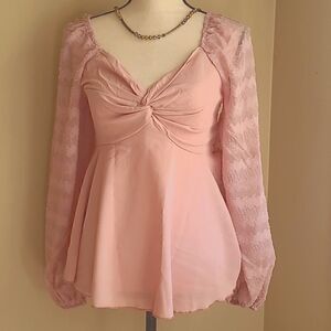 ♡♡♡ Pink Peasant Blouse Knotted Bust Front Flowy Waist size M